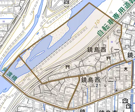 鏡島西とその周辺の地図。町の範囲を重ねている