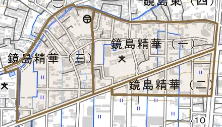 鏡島精華とその周辺の地図。町の範囲を重ねている