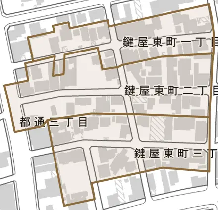 鍵屋東町とその周辺の地図。町の範囲を重ねている