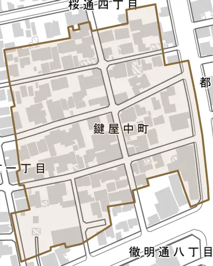 鍵屋中町とその周辺の地図。町の範囲を重ねている