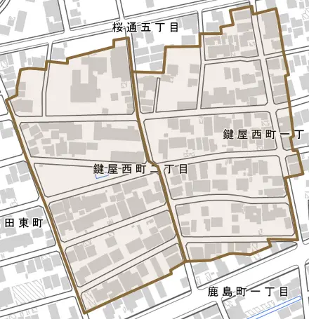鍵屋西町とその周辺の地図。町の範囲を重ねている