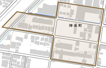 神楽町とその周辺の地図。町の範囲を重ねている