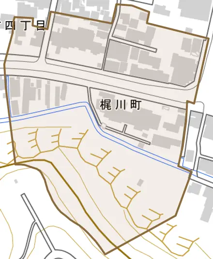 梶川町とその周辺の地図。町の範囲を重ねている