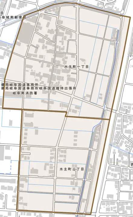 水主町とその周辺の地図。町の範囲を重ねている