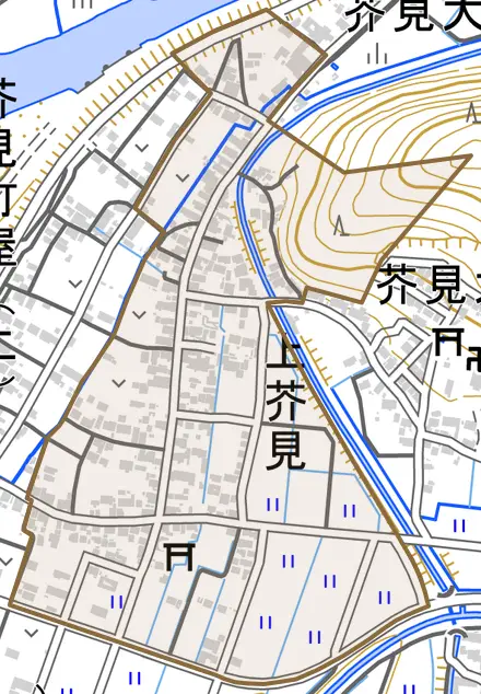 上芥見とその周辺の地図。町の範囲を重ねている