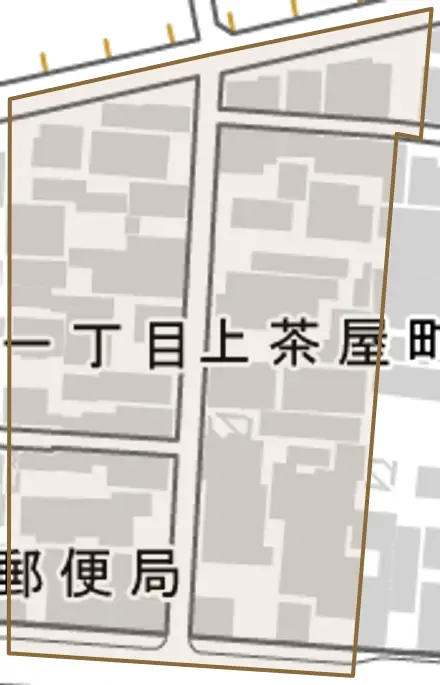 上茶屋町とその周辺の地図。町の範囲を重ねている