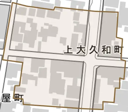 上大久和町とその周辺の地図。町の範囲を重ねている