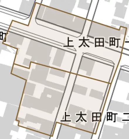 上太田町とその周辺の地図。町の範囲を重ねている