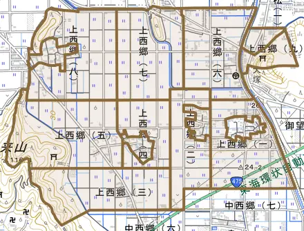上西郷とその周辺の地図。町の範囲を重ねている