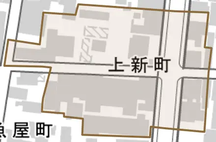 上新町とその周辺の地図。町の範囲を重ねている