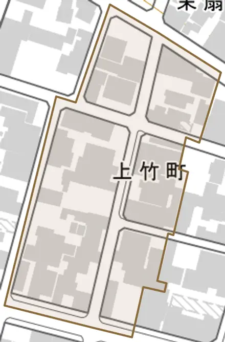 上竹町とその周辺の地図。町の範囲を重ねている