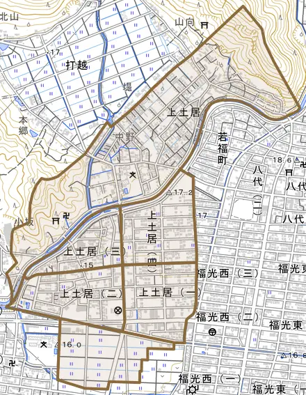 上土居とその周辺の地図。町の範囲を重ねている