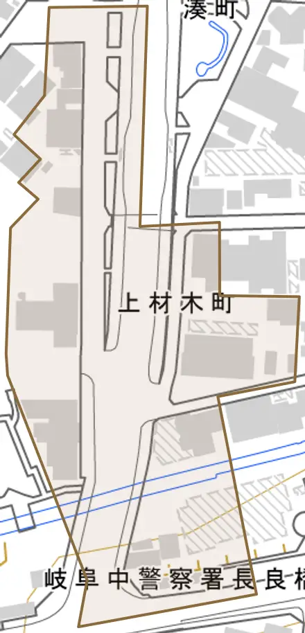 上材木町とその周辺の地図。町の範囲を重ねている