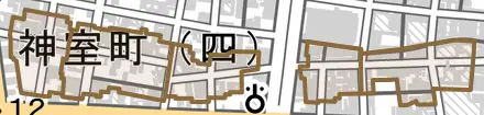 神室町とその周辺の地図。町の範囲を重ねている
