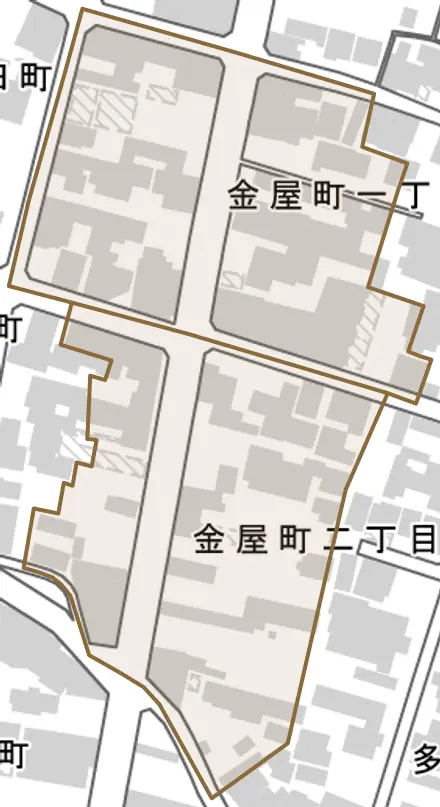 金屋町とその周辺の地図。町の範囲を重ねている