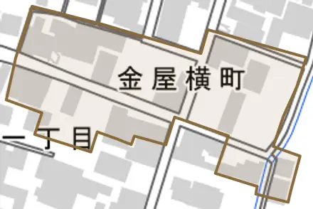 金屋横町とその周辺の地図。町の範囲を重ねている