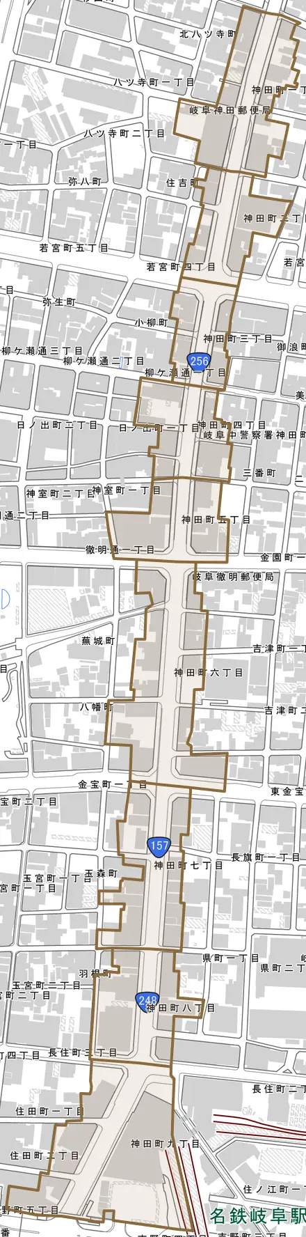 神田町とその周辺の地図。町の範囲を重ねている