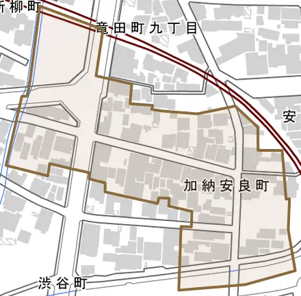 加納安良町とその周辺の地図。町の範囲を重ねている