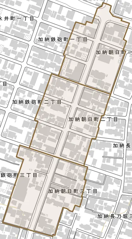 加納朝日町とその周辺の地図。町の範囲を重ねている