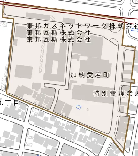 加納愛宕町とその周辺の地図。町の範囲を重ねている