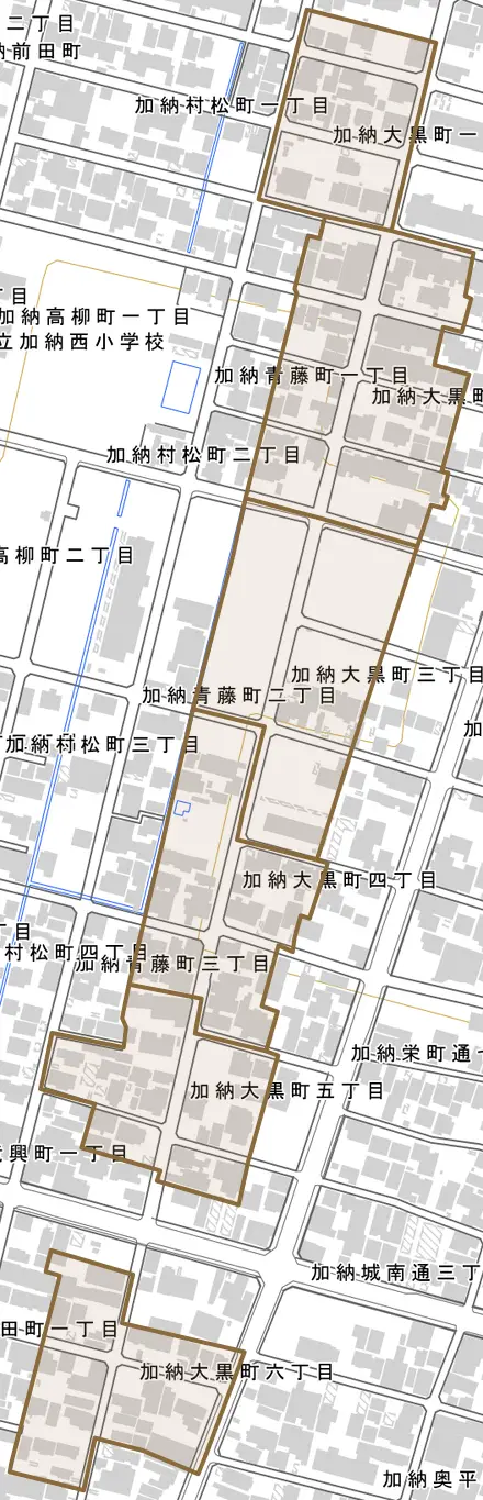 加納大黒町とその周辺の地図。町の範囲を重ねている