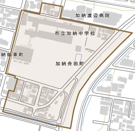 加納舟田町とその周辺の地図。町の範囲を重ねている