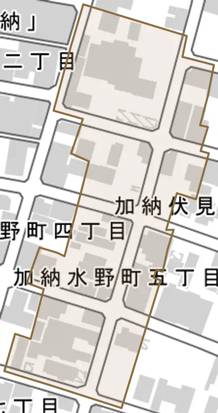 加納伏見町とその周辺の地図。町の範囲を重ねている