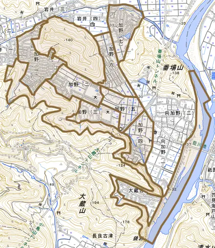 加野とその周辺の地図。町の範囲を重ねている