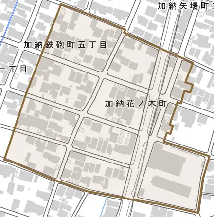 加納花ノ木町とその周辺の地図。町の範囲を重ねている
