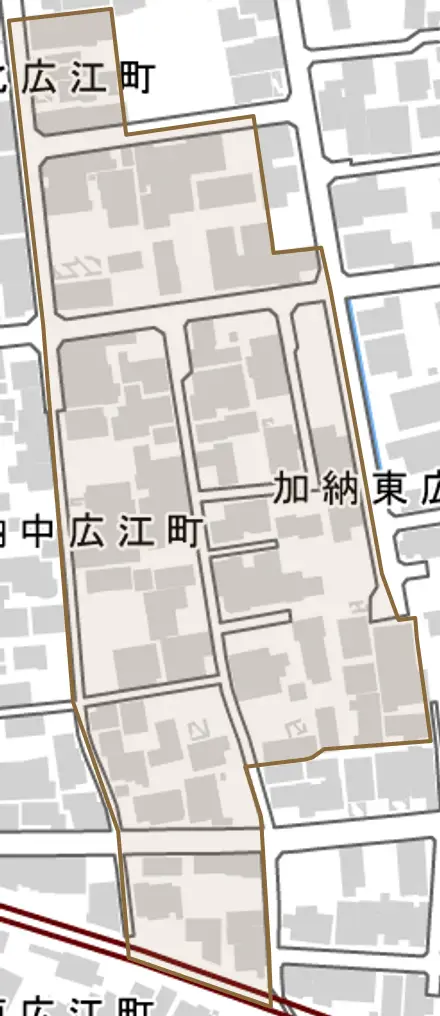 加納東広江町とその周辺の地図。町の範囲を重ねている