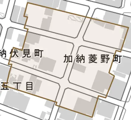 加納菱野町とその周辺の地図。町の範囲を重ねている