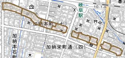 加納本町とその周辺の地図。町の範囲を重ねている