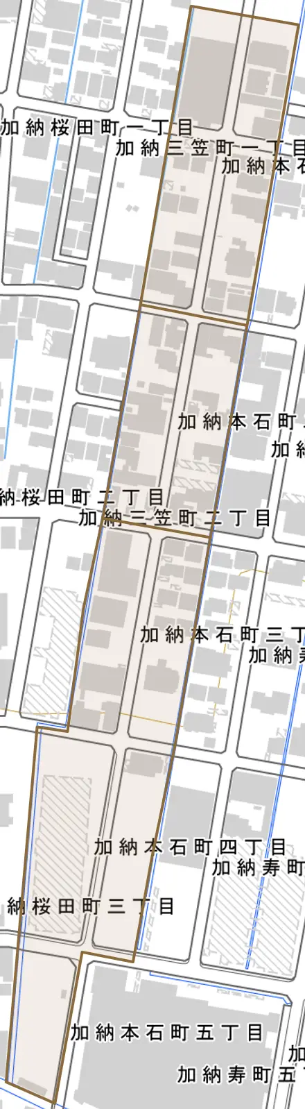 加納本石町とその周辺の地図。町の範囲を重ねている