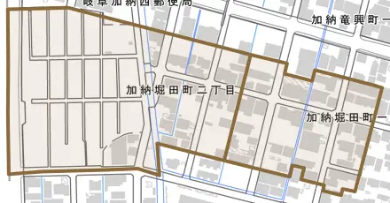 加納堀田町とその周辺の地図。町の範囲を重ねている