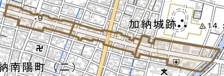 加納城南通とその周辺の地図。町の範囲を重ねている