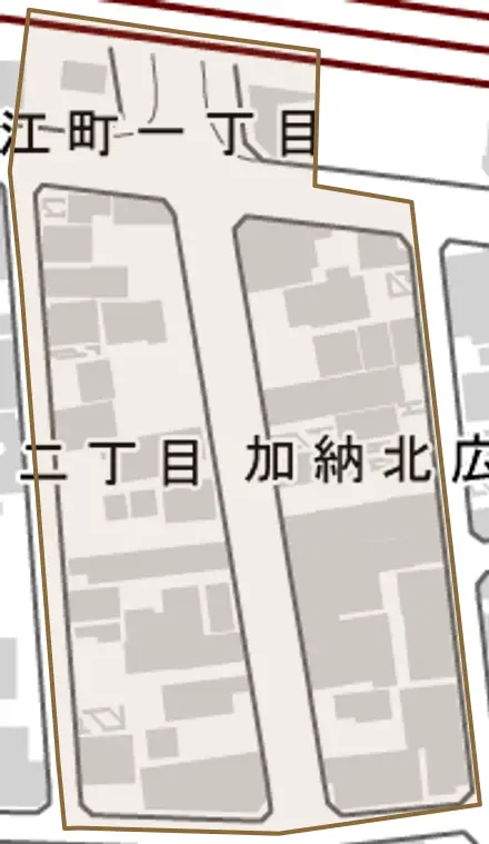 加納北広江町とその周辺の地図。町の範囲を重ねている