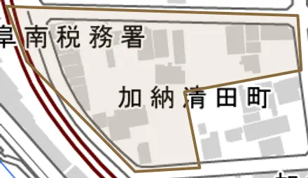 加納清田町とその周辺の地図。町の範囲を重ねている