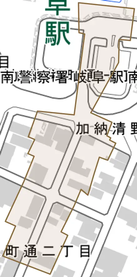 加納清野町とその周辺の地図。町の範囲を重ねている
