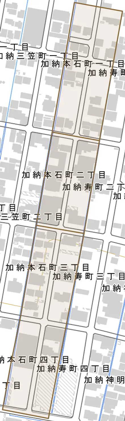 加納寿町とその周辺の地図。町の範囲を重ねている