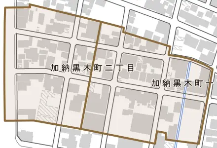 加納黒木町とその周辺の地図。町の範囲を重ねている
