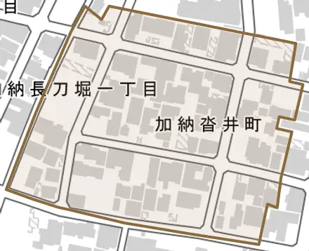 加納沓井町とその周辺の地図。町の範囲を重ねている