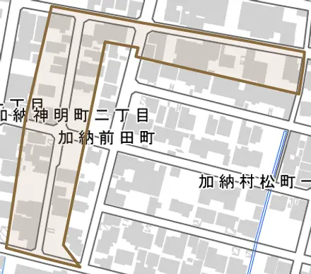 加納前田町とその周辺の地図。町の範囲を重ねている