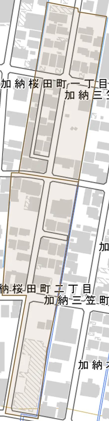 加納三笠町とその周辺の地図。町の範囲を重ねている