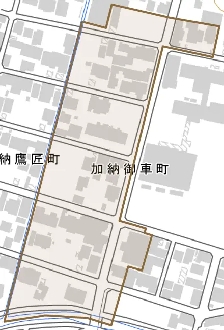 加納御車町とその周辺の地図。町の範囲を重ねている