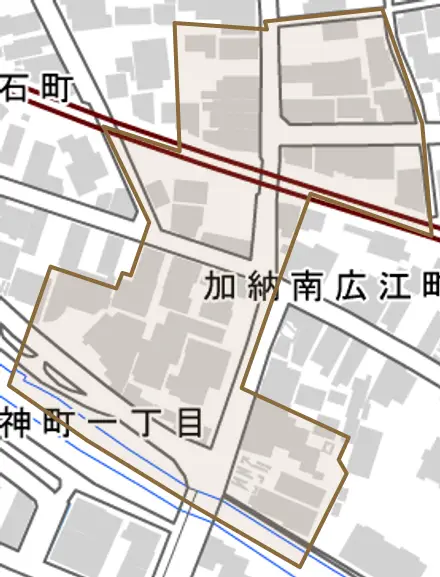 加納南広江町とその周辺の地図。町の範囲を重ねている