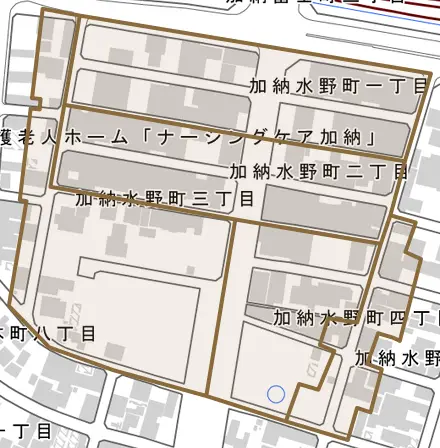 加納水野町とその周辺の地図。町の範囲を重ねている