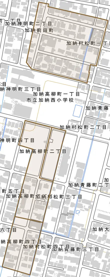加納村松町とその周辺の地図。町の範囲を重ねている