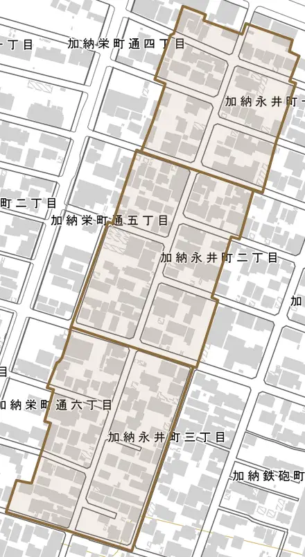 加納永井町とその周辺の地図。町の範囲を重ねている