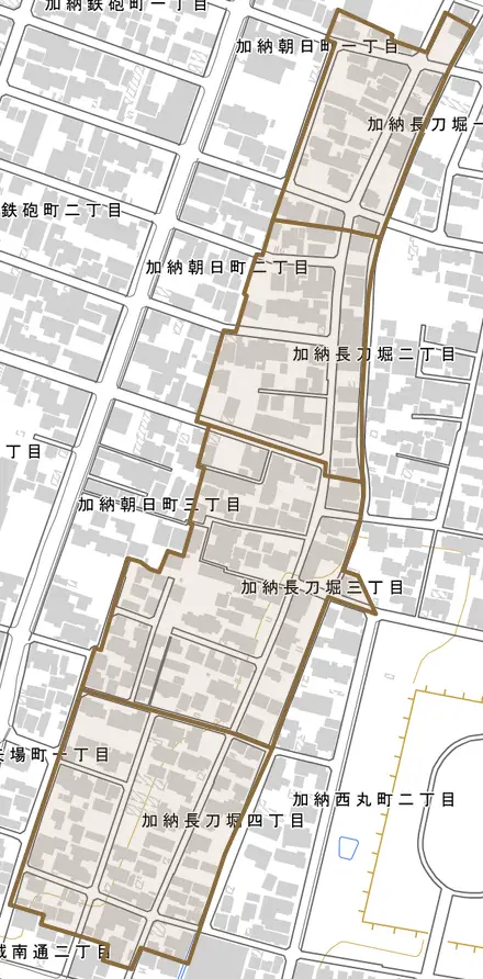 加納長刀堀とその周辺の地図。町の範囲を重ねている