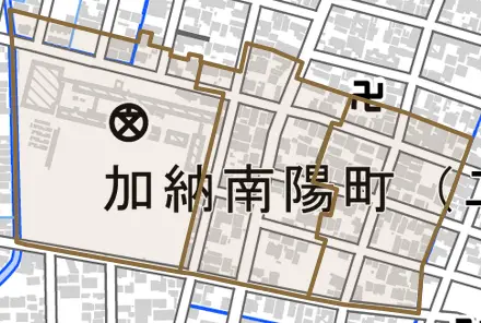 加納南陽町とその周辺の地図。町の範囲を重ねている